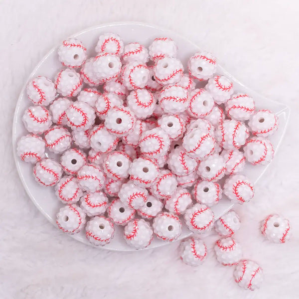 top view of a pile of 16mm Baseball with Clear Rhinestone Bubblegum Beads