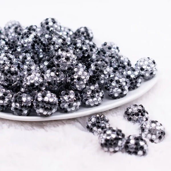 front view of a pile of 16mm Black and Silver Rhinestone Bubblegum Beads