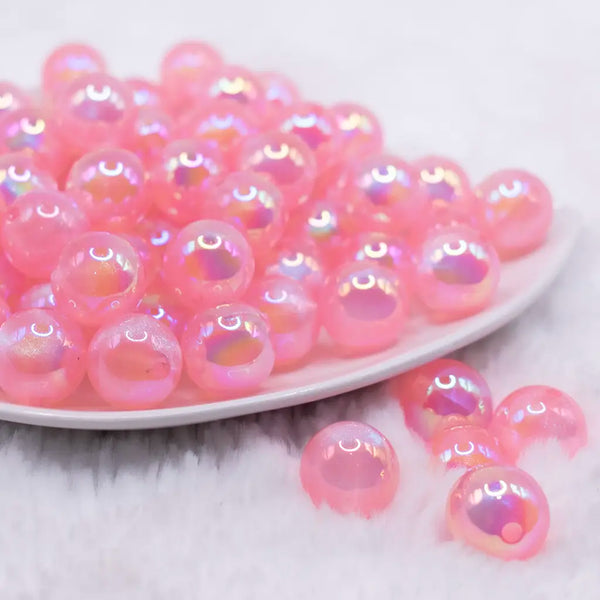 front view of a pile of 16mm Bright Pink Opalescence Bubblegum Bead