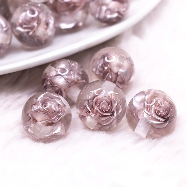 macro view of a pile of 16mm Gray Rose Bubblegum Beads