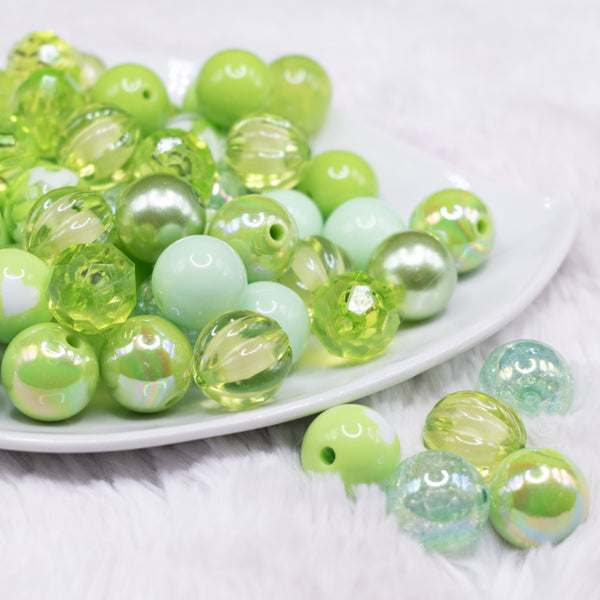 front view of a pile of 16mm Lime Green Acrylic Bubblegum Bead Mix