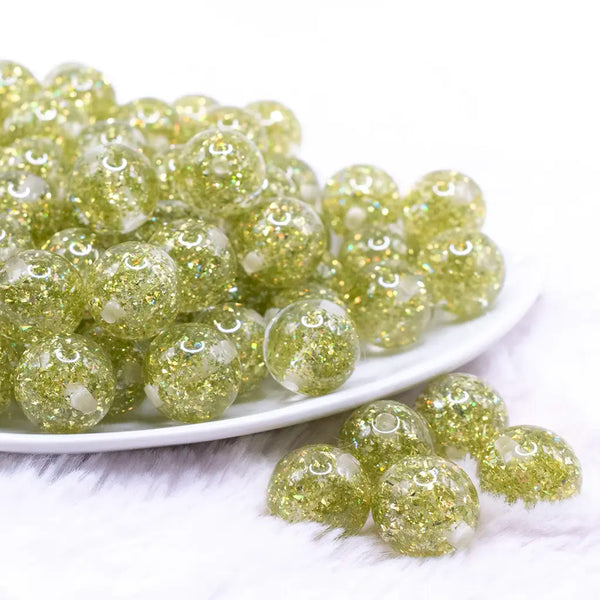 front view of a pile of 16mm Lime Green Glitter Twinkle Bubblegum Beads