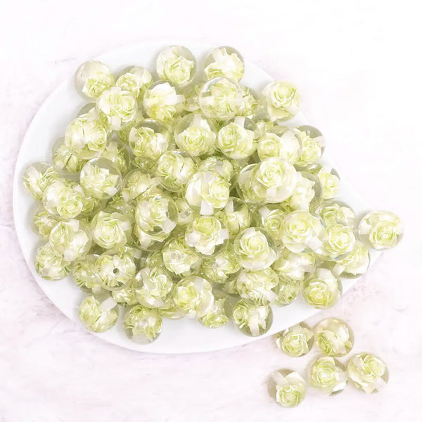 top view of a pile of 16mm Lime Green Rose Bubblegum Beads