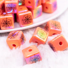 16mm Square Spider web print on Orange AB Bubblegum Beads