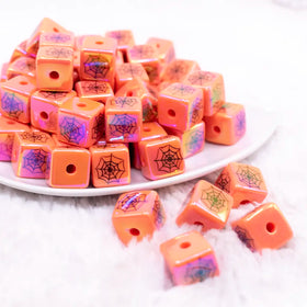 16mm Square Spider web print on Orange AB Bubblegum Beads