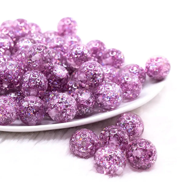 front view of a pile of 16mm Purple Glitter Twinkle Bubblegum Beads