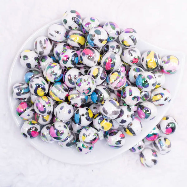 top view of a pile of 16mm Rainbow Leopard Print with AB finish Bubblegum Beads