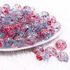 front view of a pile of 16mm Blue and Red Splatter Bubblegum Bead