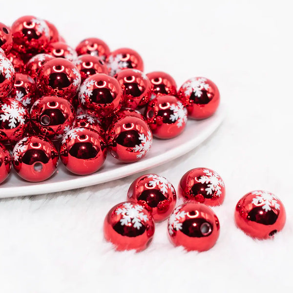 front view of a pile of 16mm Red Reflective bead with White Snowflake Bubblegum Beads