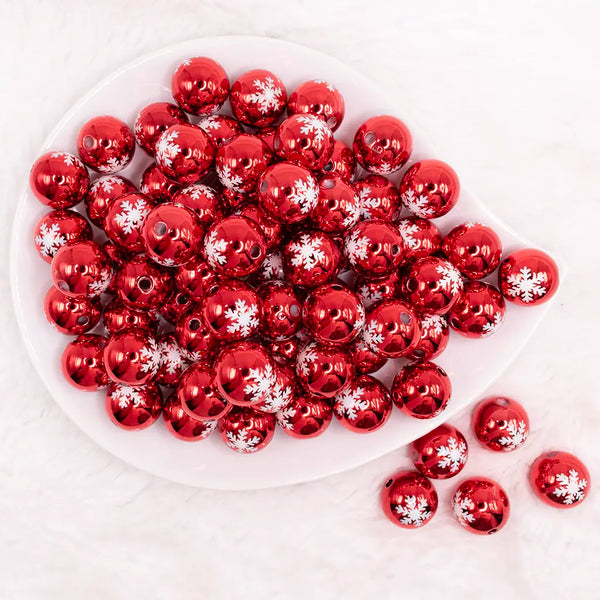 top view of a pile of 16mm Red Reflective bead with White Snowflake Bubblegum Beads