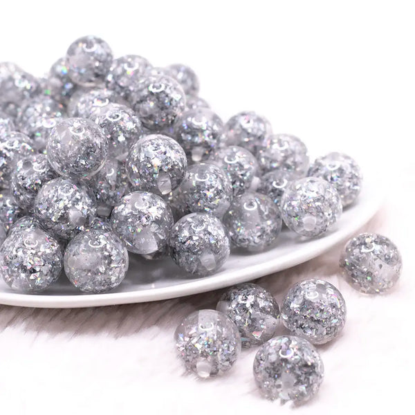 front view of a pile of 16mm Silver Glitter Twinkle Bubblegum Beads