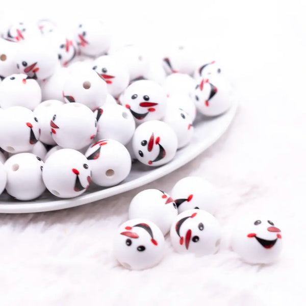 front view of a pile of 16mm Snowman Face Print Bubblegum Bead
