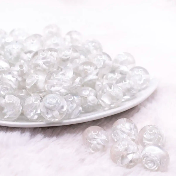 front view of a pile of 16mm White Rose Bubblegum Beads