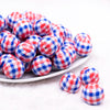 front view of a pile of 20mm Red and Blue Plaid Bubblegum Beads