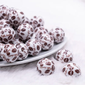 20mm Coffee Bean Print on White Acrylic Bubblegum Beads