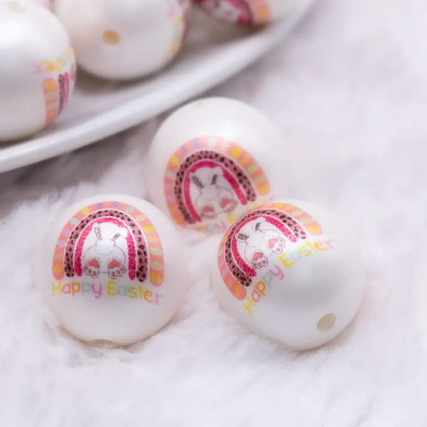 macro view of a pile of 20mm Happy Easter Print on White Matte Acrylic Bubblegum Beads