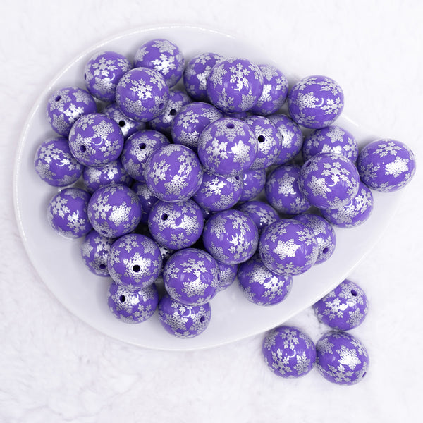 top view of a pile of 20mm Purple with Silver Snowflake Print Bubblegum Beads