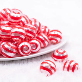 20mm Red Swirl on White Pearl Bubblegum Beads