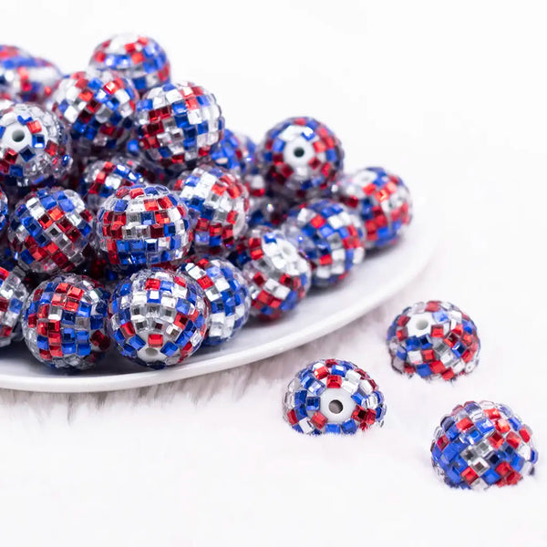 front view of a pile of 20mm Red, White And Blue Mirror Disco Faceted Bubblegum Beads