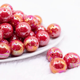20MM Red with Gold Foil Splatter AB Bubblegum Beads