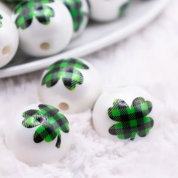 20mm Green Shamrock Clover on white Bubblegum Beads