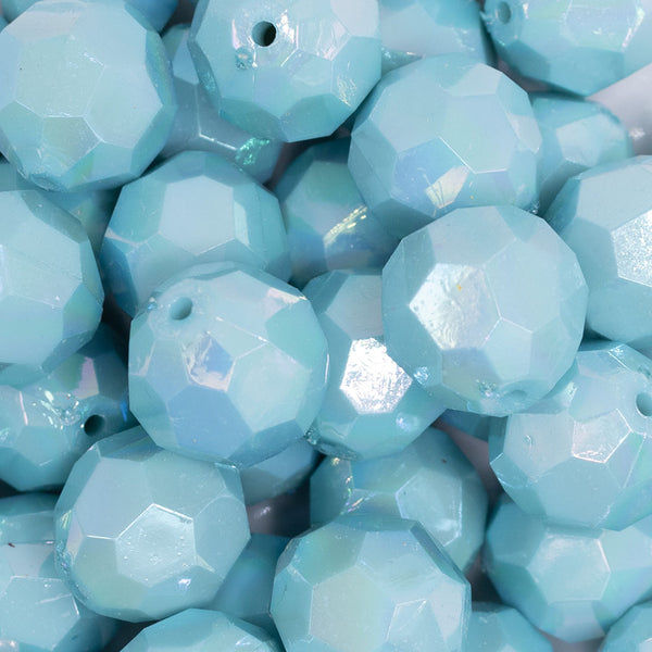 close up view of a pile of 20mm Teal Blue Faceted AB Bubblegum Beads
