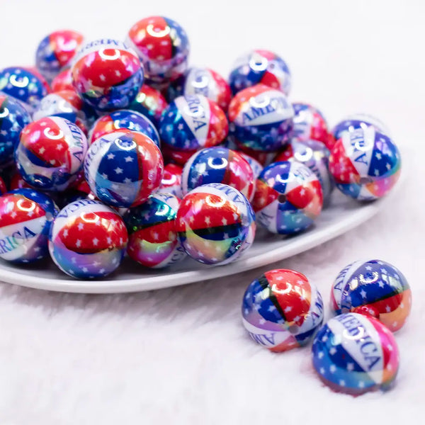 front view of a pile of 20mm America AB Print Acrylic Bubblegum Beads