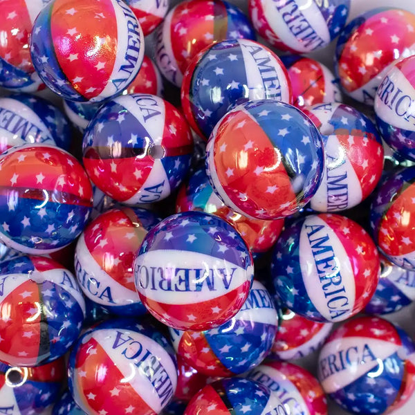 close up view of a pile of 20mm America AB Print Acrylic Bubblegum Beads