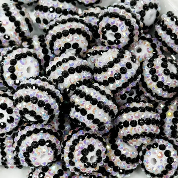 close up view of a pile of 20mm Black and White Striped Rhinestone Bubblegum Beads