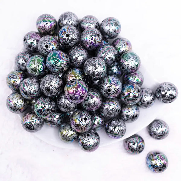top view of a pile of 20mm Black Lace AB Bubblegum Beads