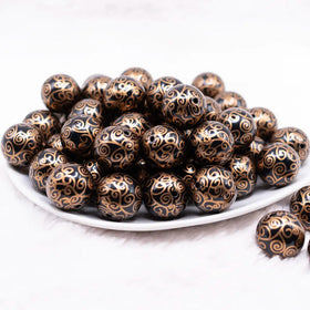 20mm Black with Gold Filigree Printed Acrylic Bubblegum Beads