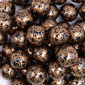 20mm Black with Gold Filigree Printed Acrylic Bubblegum Beads