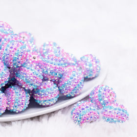 20mm Blue, Pink And Purple Striped AB Rhinestone Bubblegum Beads