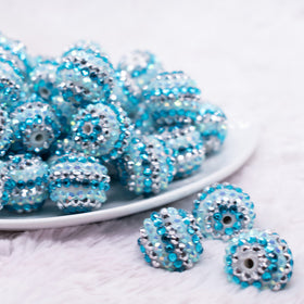 20mm Multi Blue and Silver Striped AB Rhinestone Bubblegum Beads