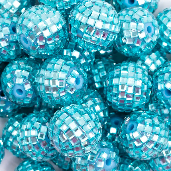 close up view of a pile of 20mm Blue Mirror Disco Faceted Bubblegum Beads