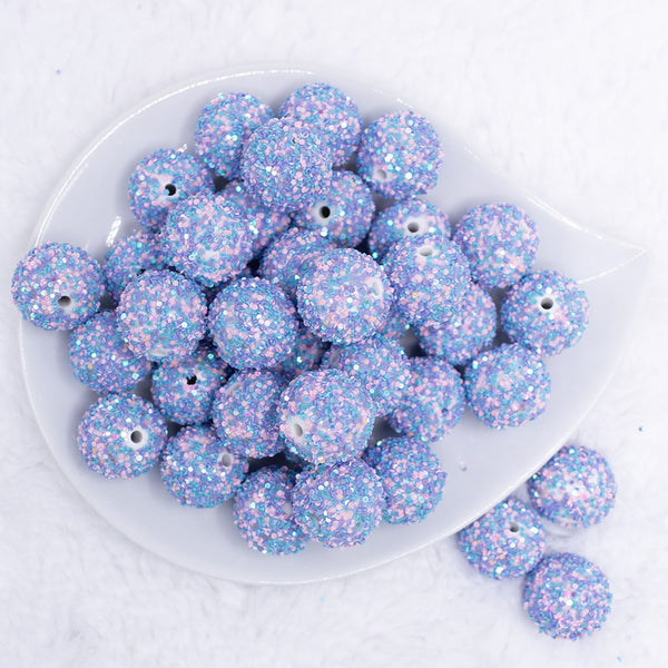 top view of a pile of 20mm Purple and Blue Sequin Confetti Bubblegum Beads