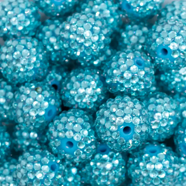 close up view of a pile of 20mm Blue Rhinestone Bubblegum Beads