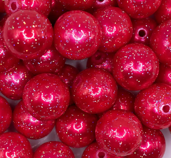 close up view of a pile of 20mm Sunset Red with Glitter Faux Pearl Bubblegum Beads