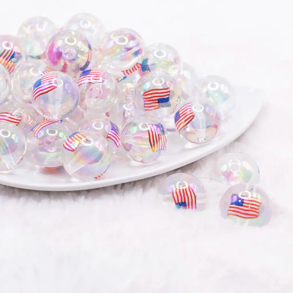 front view of a pile of 20mm Flag Print on Clear Acrylic Bubblegum Beads