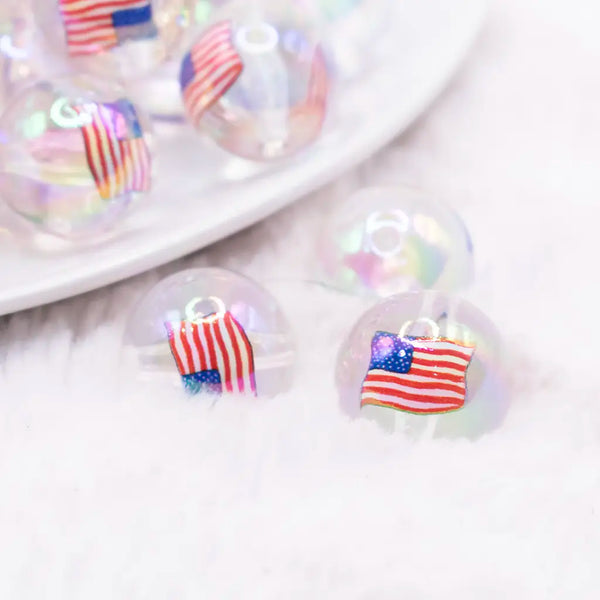 macro view of a pile of 20mm Flag Print on Clear Acrylic Bubblegum Beads