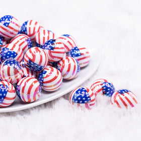 20mm American Flag Patriotic AB Print Chunky Acrylic Bubblegum Beads