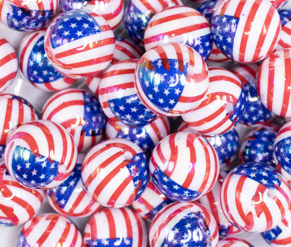 close up view of a pile of 20mm American Flag Patriotic AB Print Chunky Acrylic Bubblegum Beads