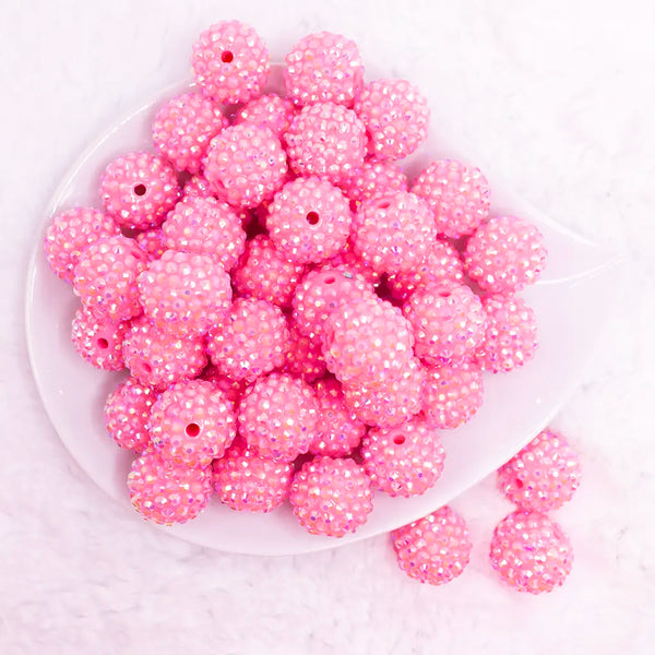 top view of a pile of 20mm Flamingo Pink Rhinestone AB Bubblegum Beads