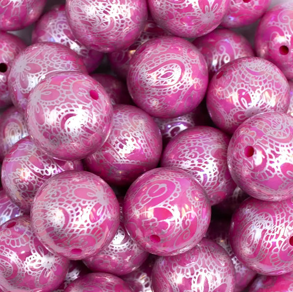 close up view of a pile of 20mm Hot Pink Lace AB Bubblegum Beads