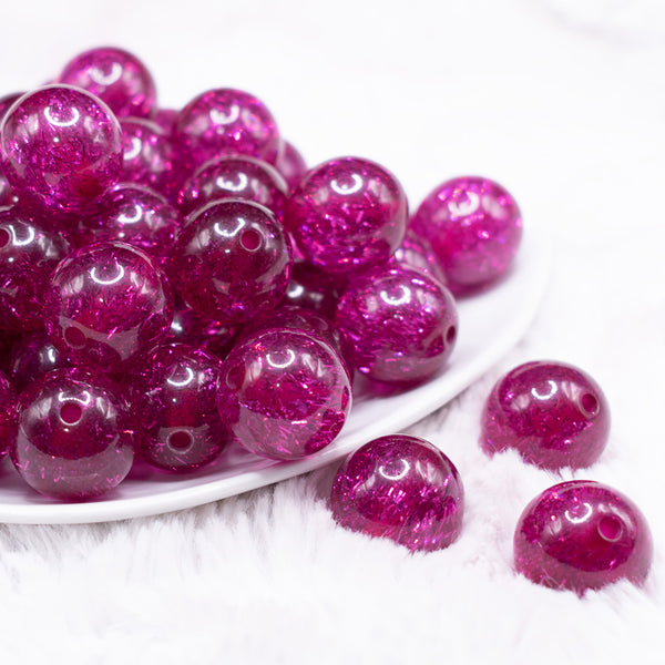front view of a pile of 20mm Hot Pink Glitter Tinsel Bubblegum Beads