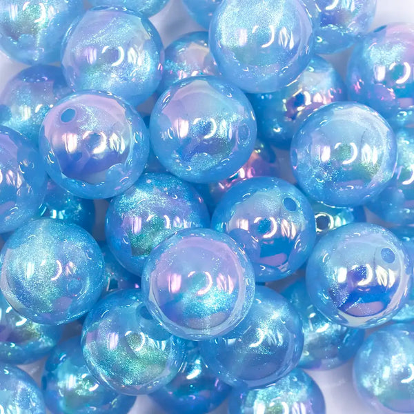 close up view of a pile of 20mm Light Blue Opalescence Bubblegum Bead