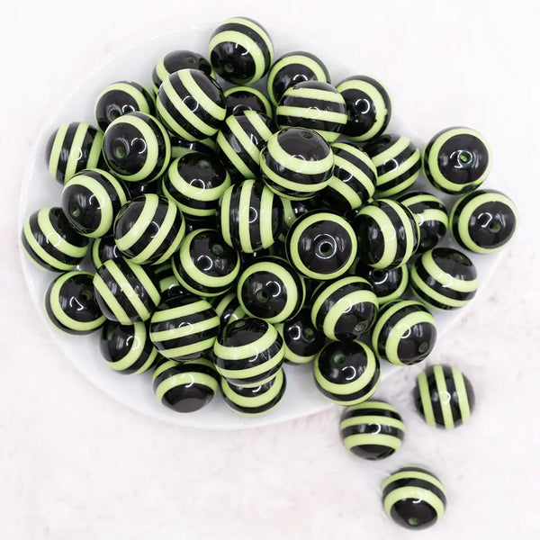 20mm Lime Green on Black Striped Bubblegum Beads