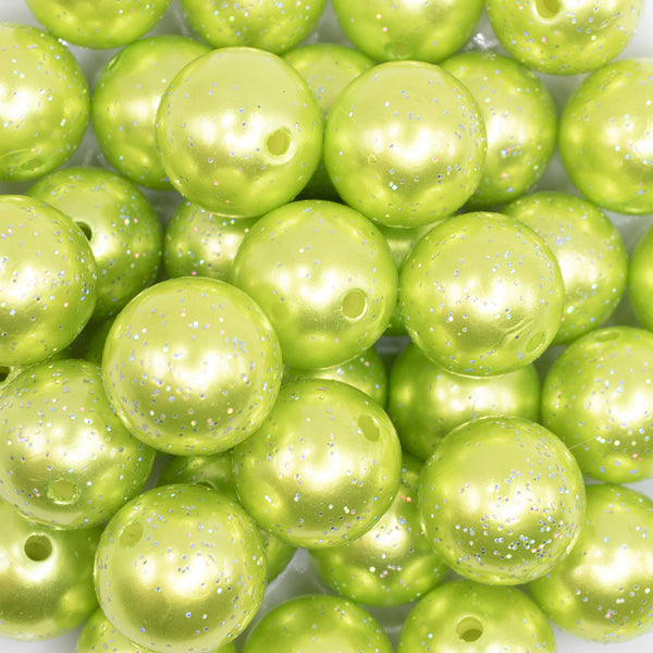 close up view of a pile of 20mm Lime Green with Glitter Faux Pearl Bubblegum Beads
