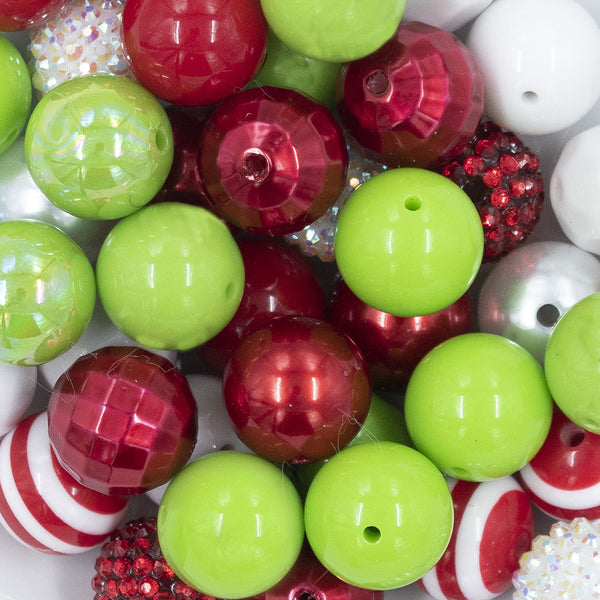 close up view of a pile of Christmas color bubblegum beads