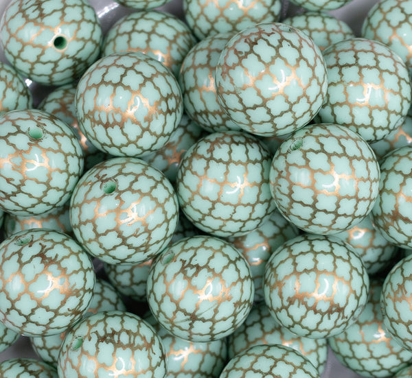 close up view of a pile of 20mm Mint Quarterfoil Print Bubblegum Beads